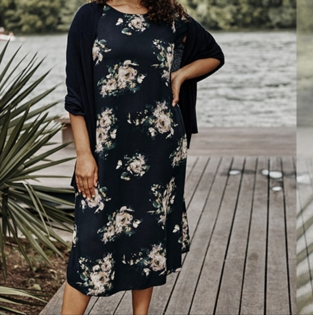 J.jill Floral Black Boho Relaxed Fit Midi Dress Side Pockets Sz S Cottage Core